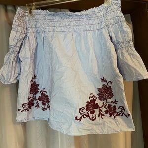 Off the Shoulder Floral and Striped Embroidered Shirt